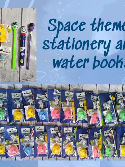 This space-themed stationery set includes character pens and 3D erasers, paired with a magic water book for extra fun.