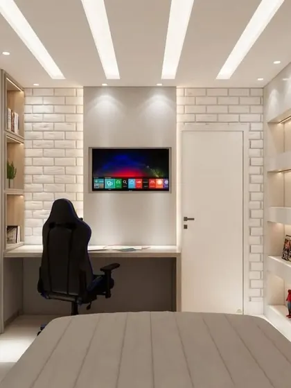 Another angle of the room, showing the display shelves for collectibles.