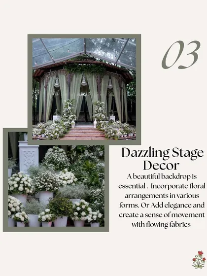 Dazzling stage decor is a must-have for a Sangeet. This setup uses flowing fabrics and layers of white flowers to create a sense of elegance and movement.