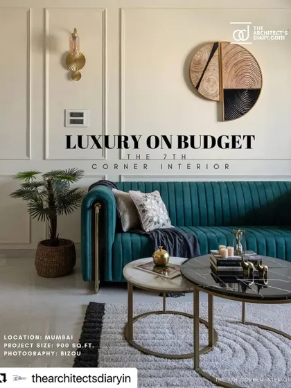 The cover image for the 'Luxury on Budget' feature, showcasing the elegant living room with its teal velvet sofa and modern-traditional aesthetic.