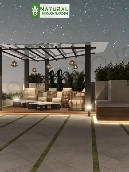 A wider view of the starry night terrace concept. The design includes a comfortable L-shaped bench integrated into the planter, maximizing seating space.