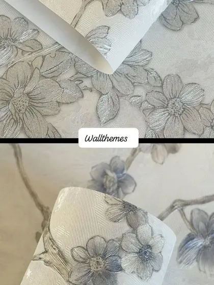 Close-up shots of a floral wallpaper with a metallic silver and blue finish, showing the texture.