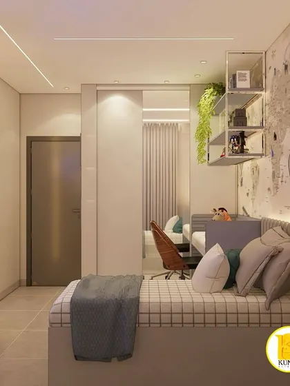 A travel-themed kids' room with a world map wallpaper. The design includes a bed with storage, a sleek study desk, and a mirrored wardrobe.