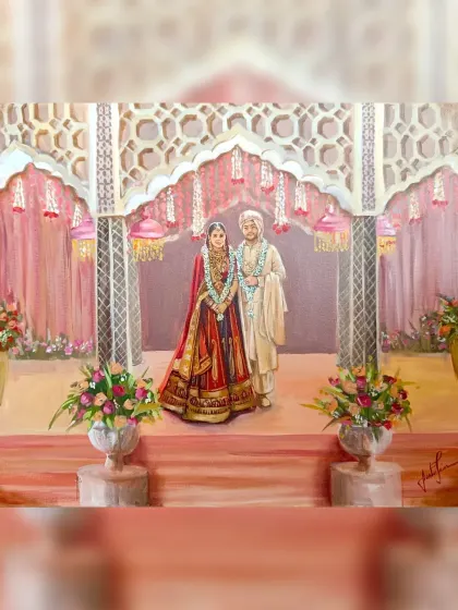 A finished portrait from a wedding at the Taj Palace, Delhi. The intricate latticework and soft pink draping of the mandap create a delicate and royal backdrop for the couple.