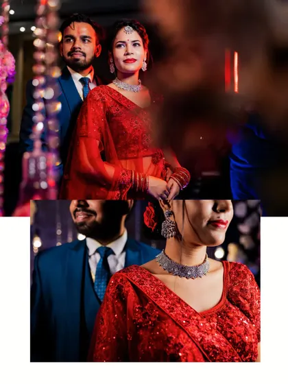 A creative collage of Deepak and Deepa. The use of foreground blur and layered compositions adds an artistic and intimate feel to their Sangeet portraits.