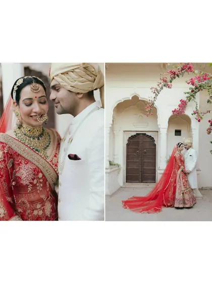 A diptych of Rakhi and Kushal in Jaipur, showing both an intimate close-up and a grander portrait against a traditional doorway.