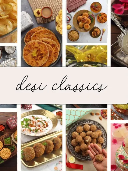 A collage showcasing the variety of desi flavours we offer. From savoury parathas and kachoris to sweet mithai, we have something to satisfy every craving for authentic Indian food.