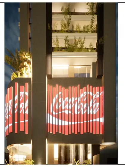 A rendering of a luxurious sea-facing residential apartment building in Worli. This design features a unique facade element that can be used for branding or art, making it a landmark.