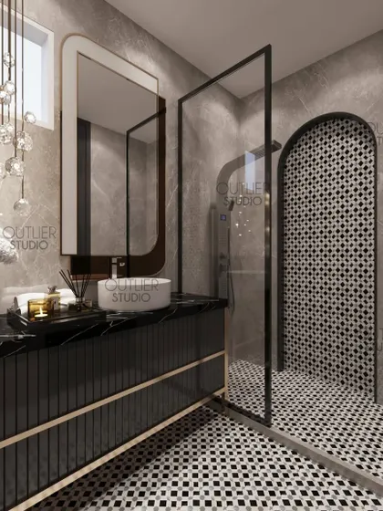 Another view of the elegant powder room, showcasing the arched doorway to the shower area and a statement pendant light that adds a touch of glamour to the monochrome design.