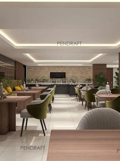 This render shows the overall layout and flow of the hotel restaurant. The design includes a dedicated buffet area and varied seating zones, all unified by a consistent color palette and sophisticated lighting plan.