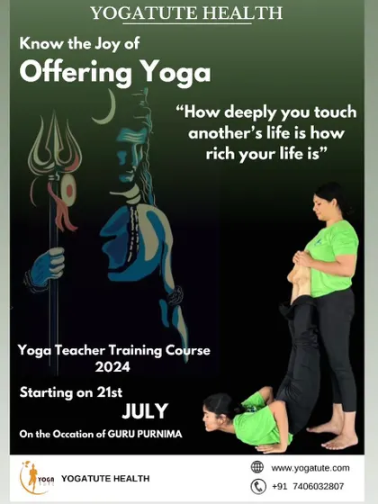 Know the joy of offering yoga. This poster for our TTC shows a teacher assisting a student, symbolizing the supportive and transformative journey we offer.