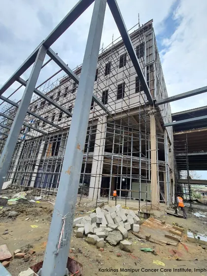 Construction underway at the Karkinos Manipur Cancer Care Institute in Imphal. This project showcases our expertise in using steel for modular and hybrid construction systems to achieve sustainability goals.