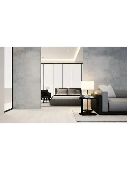A modern bedroom and living space separated by a partial wall. The use of concrete-textured walls adds an industrial-chic element to the otherwise minimalist design.