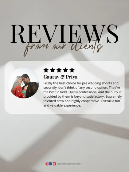 "Firstly the best choice for pre wedding shoots and secondly, don't think of any second option." A glowing review from Gaurav and Priya, who call our team the best in the field and supremely talented.