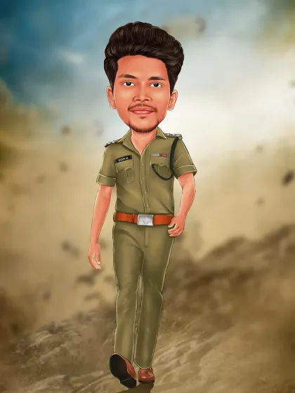 A caricature of a friend in his police uniform, set against a dramatic background. This is a great way to celebrate someone's profession and make them feel like a hero.
