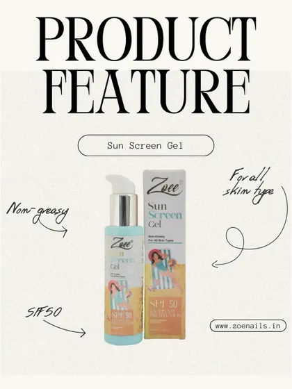 This graphic details the benefits of my Sunscreen Gel. It's a non-greasy, SPF 50 formula suitable for all skin types, providing reliable protection without the shine.