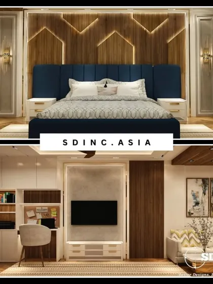 A regal bedroom design for a boy, featuring a deep blue upholstered bed with a striking geometric wood-paneled wall. The room also includes a compact, custom-built study nook and storage unit.