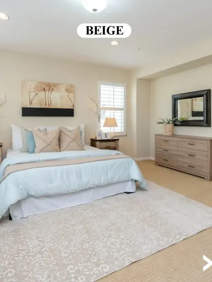 A classic beige provides a warm, neutral, and calming backdrop for this bedroom. This timeless colour is incredibly versatile, allowing your furniture, art, and textiles to stand out.