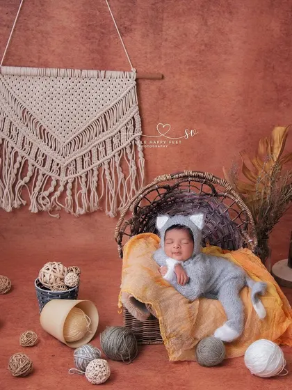 This little kitty is taking a nap in a basket. The boho-chic details like the macrame wall hanging give this animal theme a modern and stylish twist.
