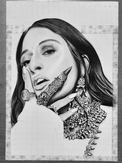 This is the 98-hour process of drawing Raja Kumari. The progress shots highlight the extreme detail in her jewelry and the challenge of rendering different textures.