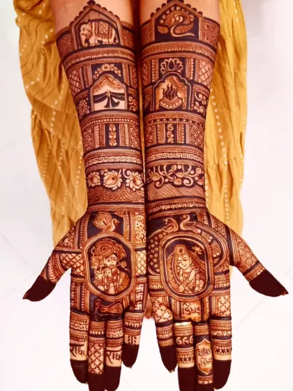 This is the kind of detailed art I love to create. This full bridal design features beautiful portraits of Radha and Krishna on the palms, surrounded by traditional Rajasthani jharokha architecture and elephant motifs, telling a story of divine love.
