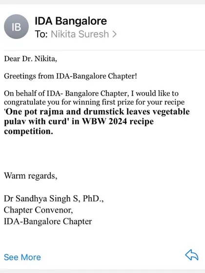 The official congratulatory email from the Indian Dietetic Association (IDA), Bangalore Chapter, for winning first prize in their recipe competition.