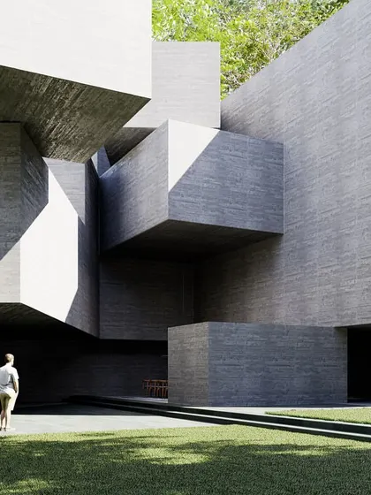 This visualization of the 'Tetris' house emphasizes its sculptural quality. The composition of interlocking blocks is inspired by the work of sculptor Eduardo Chillida, exploring concepts of solid and void.