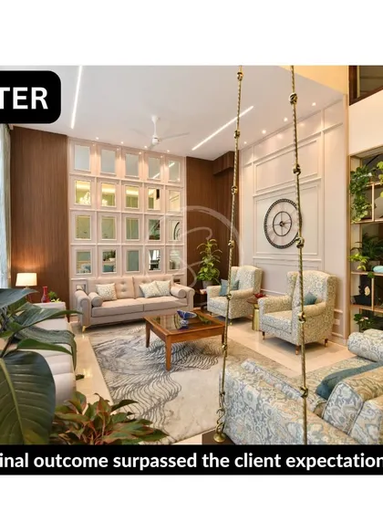 The final result of a living room extension, where a verandah was transformed into a grand living space. The design features a stunning wall of mirrors, elegant sofas, and a traditional swing, exceeding the client's expectations.
