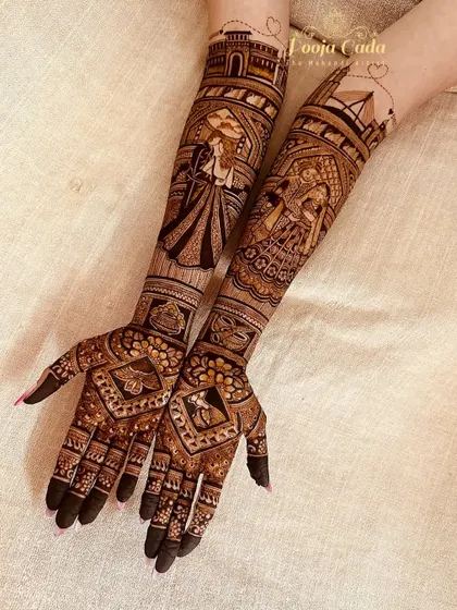 A San Francisco love story, this design for an NRI bride features the Golden Gate Bridge, where she was proposed to, along with Mumbai and Pune skylines.