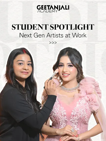 Student Spotlight: We are proud to showcase the next generation of makeup artists. Here, one of our students practices applying blush to create a radiant, sculpted look on a model.