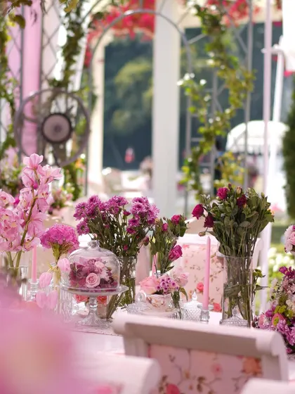 A close-up of the tablescape, with arrangements of pink flowers, elegant glassware, and delicate candles, creating a soft and romantic atmosphere.