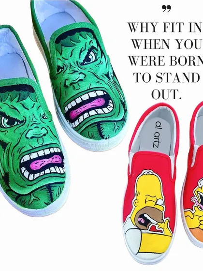 Why fit in when you were born to stand out? This image showcases two different pairs of pop-culture-themed shoes I painted: one featuring the Incredible Hulk and the other with Homer and Bart Simpson.