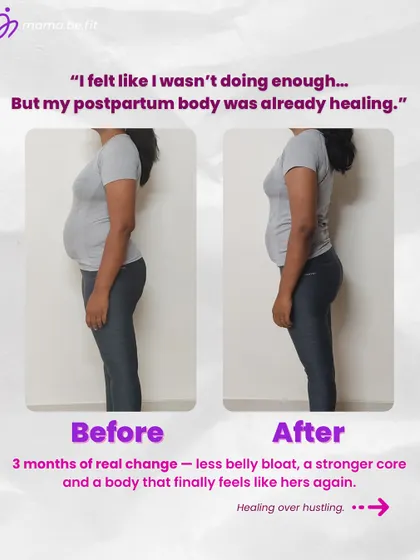 This mama felt like she wasn't doing enough, but her body was healing and transforming. This before and after shows three months of real change, focusing on less belly bloat and a stronger core.