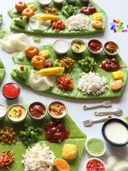 A close-up of the beautiful Andhra-style meal miniatures, featuring a variety of colorful dishes and textures.