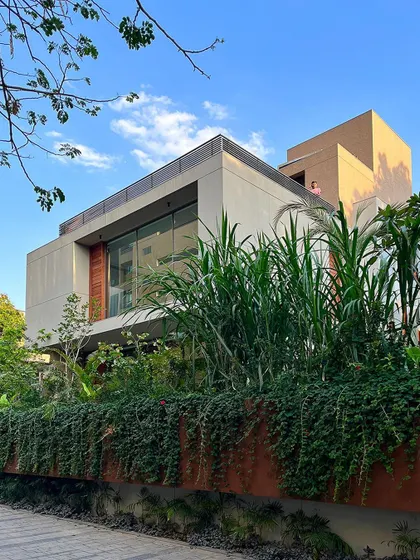 Here, the House of Terraces appears to float on a bed of green. I used varying shades and heights of plants, from cascading vines to tall grasses, to create a lush, layered effect that nurtures the architecture and integrates it with the site.