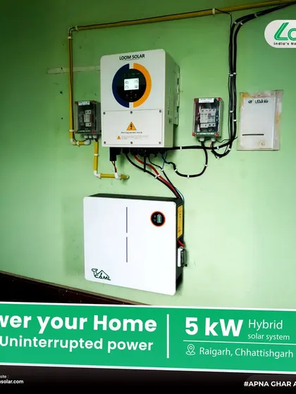 Powering a home in Raigarh, Chhattisgarh, with a 5kW hybrid solar system. This installation ensures the family has uninterrupted power, a common challenge in the region.