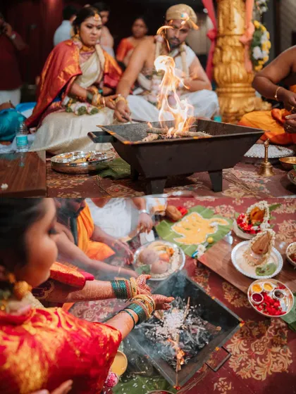 A collage showing the sacred fire (homa) ritual, a central and significant part of the Hindu wedding ceremony.