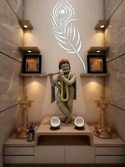 I designed this serene prayer nook as a peaceful space for reflection. The marble-finish walls, soft backlighting, and custom shelving create a divine and tranquil corner within the home.