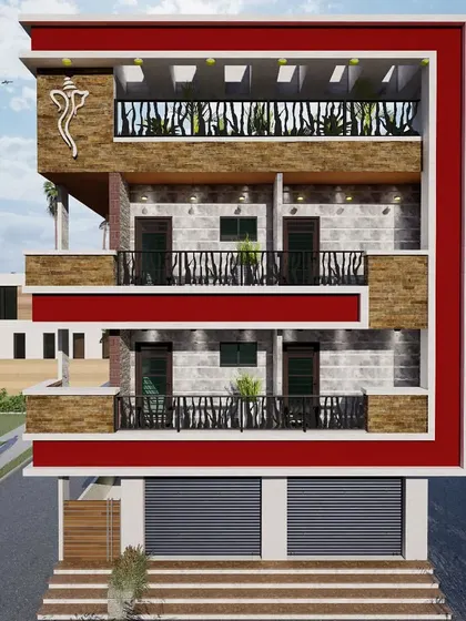 This is a design for a mixed-use building, featuring commercial shops on the ground floor and residential apartments above. The elevation incorporates a Ganesha motif, stone cladding, and a bold red frame for a unique identity.