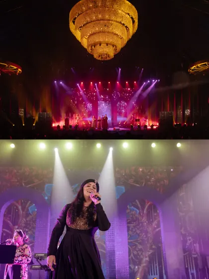The live performance during 'Shaam Sufiana.' We curated the entertainment to match the soulful theme, creating a magical evening of music under a canopy of stunning chandeliers.