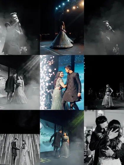 A collage capturing the drama and excitement of a Sangeet night. It showcases the bride's solo performance and the couple's romantic dance, all set against a stunning stage backdrop.