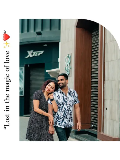 A beautifully designed portrait of the couple walking together, framed with a modern graphic element.