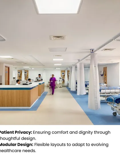 This image showcases a modular design approach in a ward, with standardized bed arrangements and privacy curtains. This flexible layout can adapt to evolving healthcare needs while ensuring patient privacy and comfort.