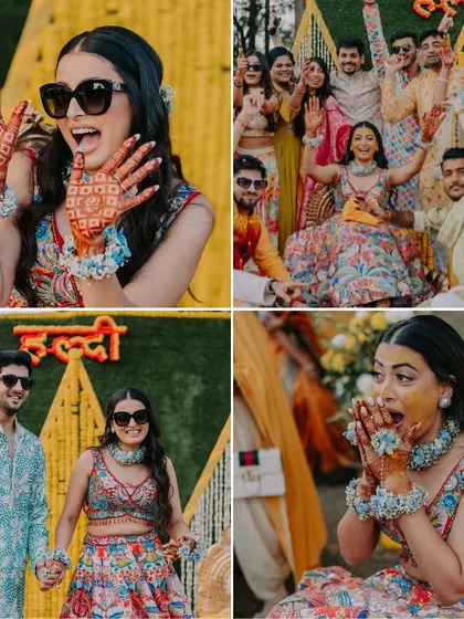 A collage of fun and candid moments from the Haldi, showcasing the bride's playful personality and the overall joyous atmosphere.