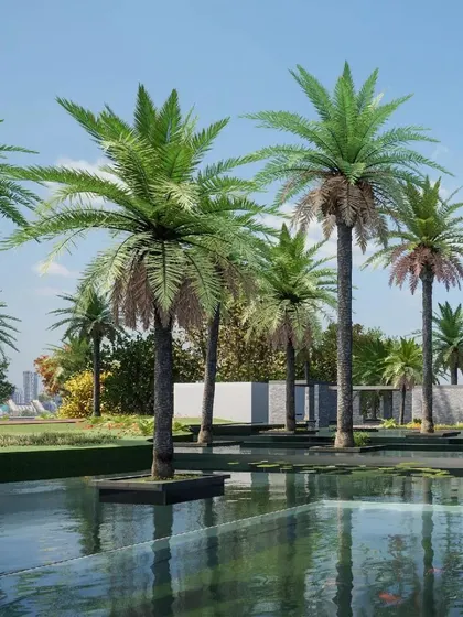 The serene atmosphere of the event center concept, with reflections in the water and lush landscaping.