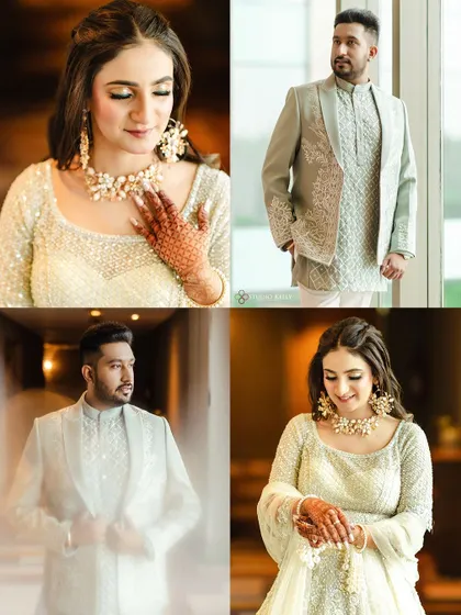 A collage of solo portraits of the bride and groom, capturing them getting ready.