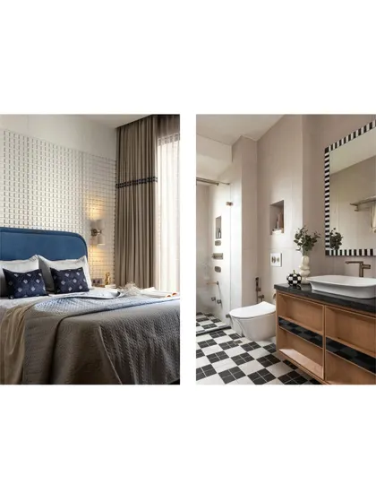 This shows how we carry a design story from one room to the next. The checkered pattern from the bedroom's wall panel is echoed in the bold black-and-white tile floor of the en-suite bathroom, creating a cohesive yet distinct feel for each space.