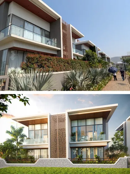 A comparison of a render and a site photo of a row of modern villas in Lonavala, showing the design coming to life.