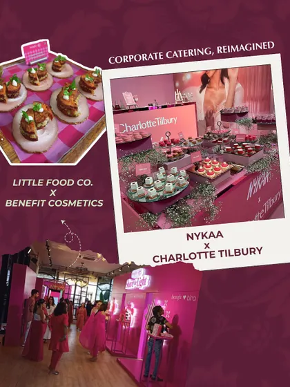 Corporate catering, reimagined. This collage showcases our work with beauty brands like Benefit Cosmetics and Charlotte Tilbury for Nykaa, where we created stylish, on-brand food experiences for their events.