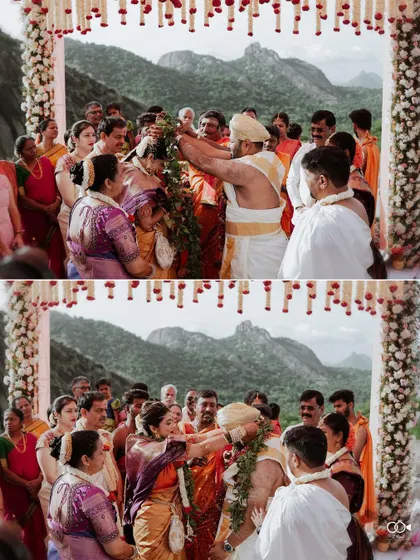 A diptych of the 'jeerige bella' ritual, showing the couple's interaction from different angles.